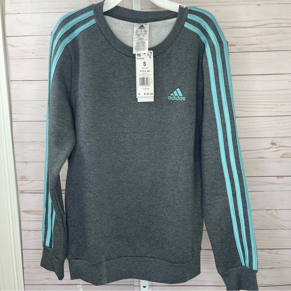 Women's Adidas Size Small Gray And Blue Stripped Long Sleeve Crew Neck Sweater